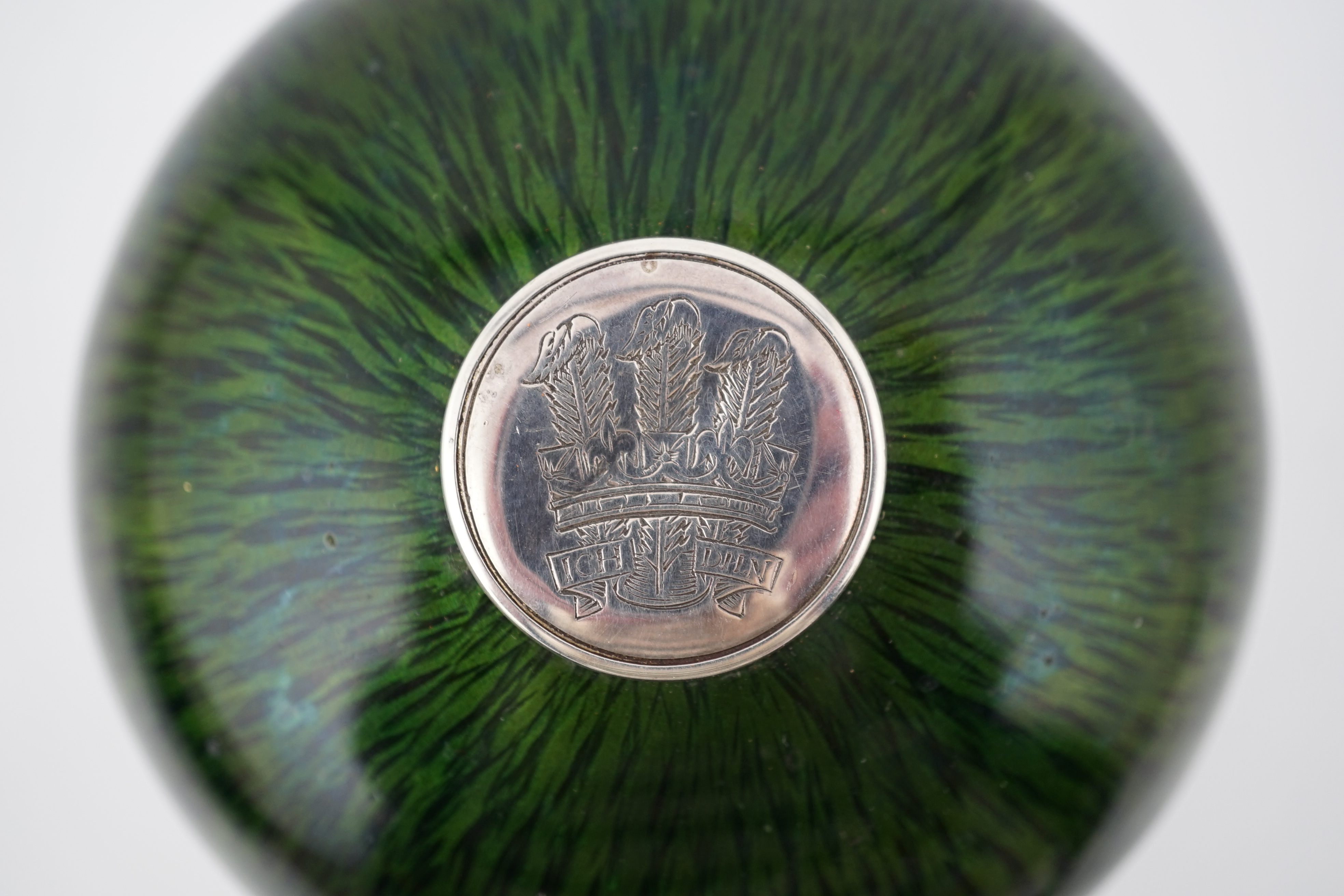 An Elizabeth II textured silver and green enamelled circular box and cover by Adrian Gerald Benney